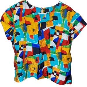 Vintage Synari Petites Blouse 80s Made in USA Block All Over Print Multi Medium